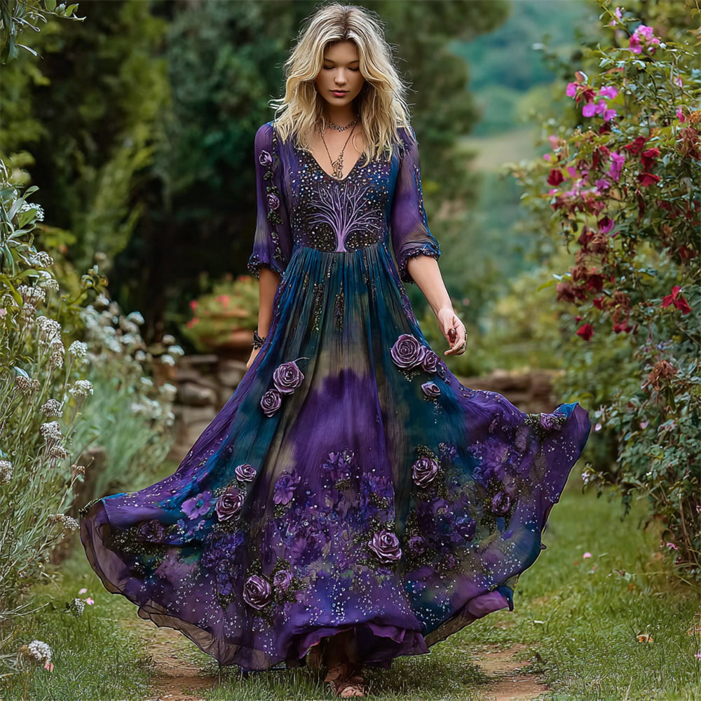 Viking Tree Of Life Embroidered Floral Women's Flowing Maxi Dress elevenforest