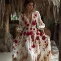 Bohemian Style Red Rose Retro Cotton And Linen Woman's V-neck Dress elevenforest