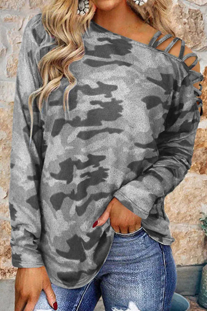 Camouflage Print Patchwork Oblique Collar T-shirts(4 Colors)
