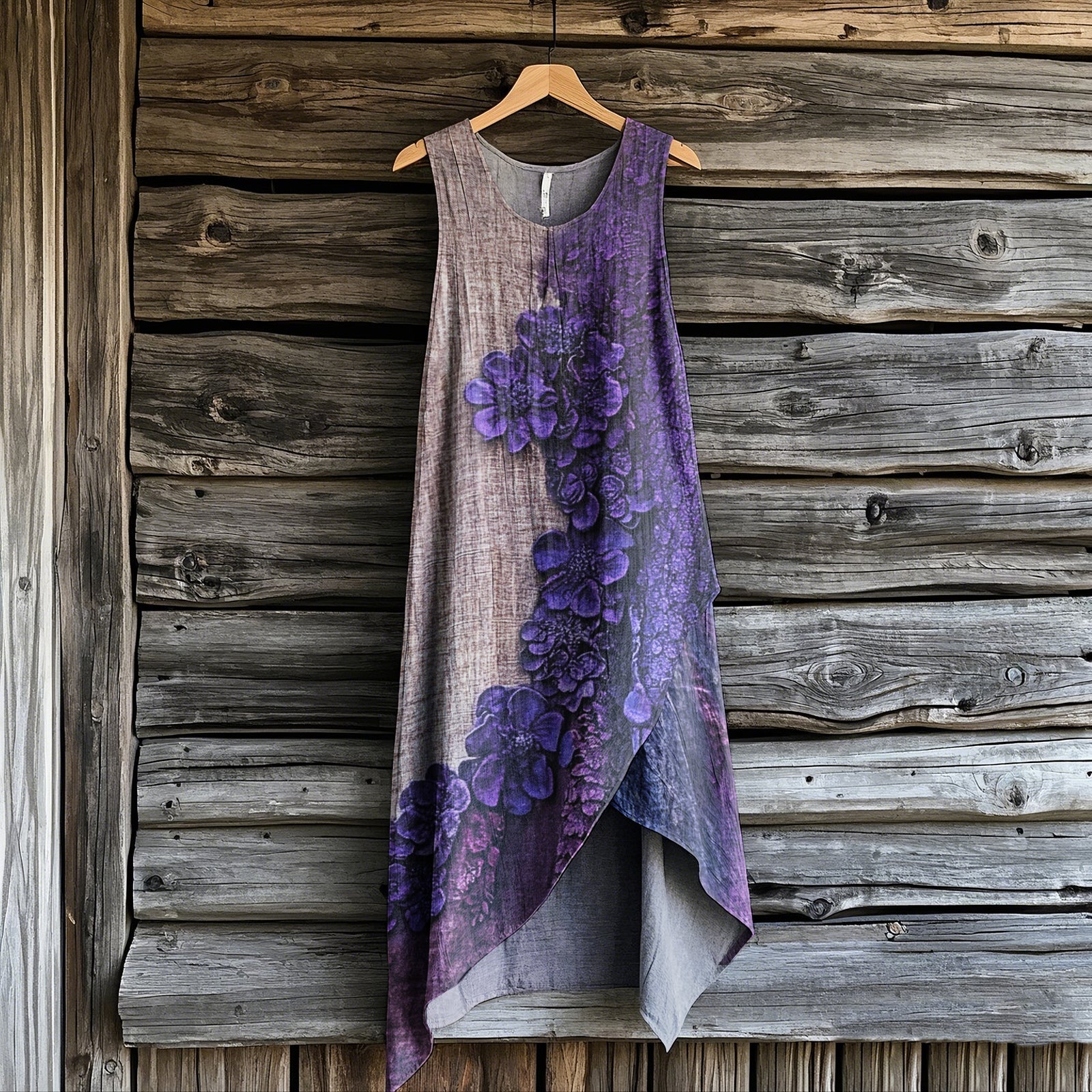 Women's  Bohemian Purple Flowers Art Irregular Design Sleeveless Dress elevenforest