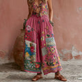 Women's Vintage Bohemian Floral Embroidery Print Linen Blend Pants elevenforest