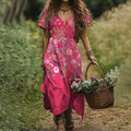 Vintage Geometric Floral Print Linen V-neck Dress elevenforest