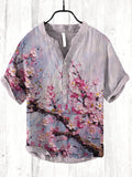 Japanese Cherry Blossoms Oil Painting Print Cozy Cotton Linen Shirt elevenforest