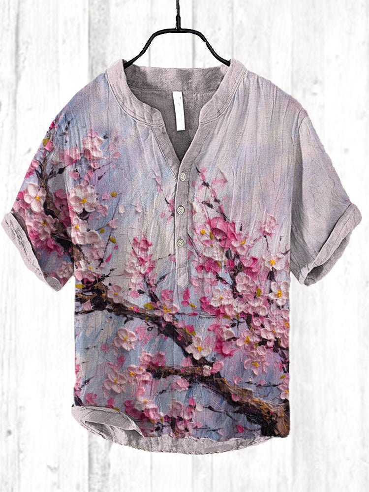 Japanese Cherry Blossoms Oil Painting Print Cozy Cotton Linen Shirt elevenforest