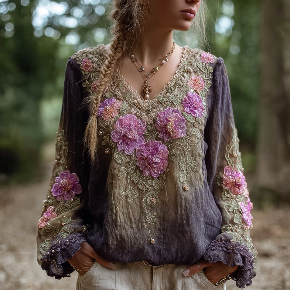 Bohemian Style Round Neck Long Sleeve 3d Purple Flower Design Cotton And Linen Top For Women elevenforest