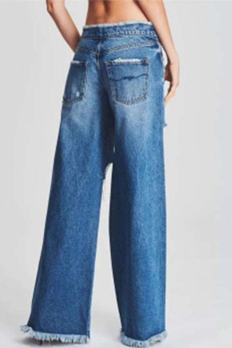 Ripped Patchwork Mid Waist Regular Denim Jeans (subject to the Actual Object)(5 Colors)
