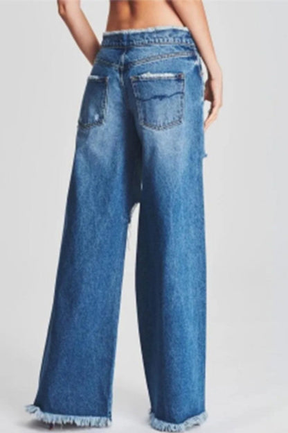 Ripped Patchwork Mid Waist Regular Denim Jeans (subject to the Actual Object)(5 Colors)