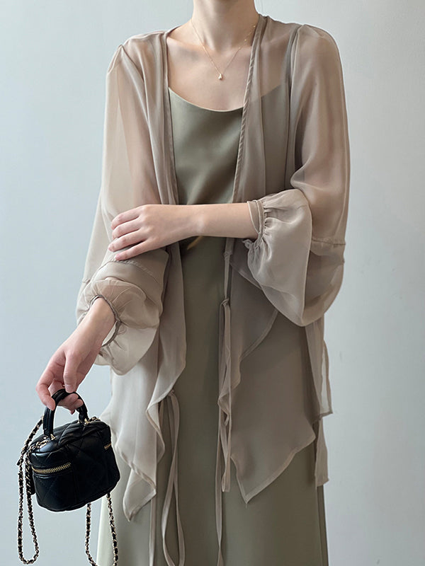 Bishop Sleeve Long Sleeves See-through Split-joint Tied Collarless Blouses&shirts Tops