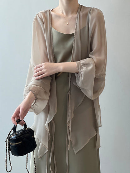 Bishop Sleeve Long Sleeves See-through Split-joint Tied Collarless Blouses&shirts Tops
