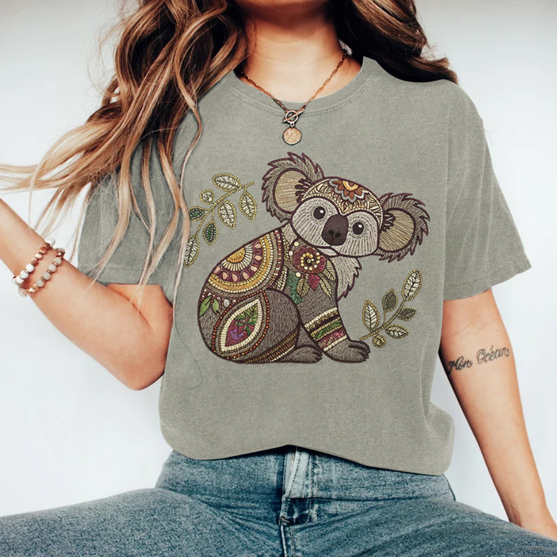 Comstylish Women's Australian Koala Floral Art Print Short Sleeve Casual T-shirt