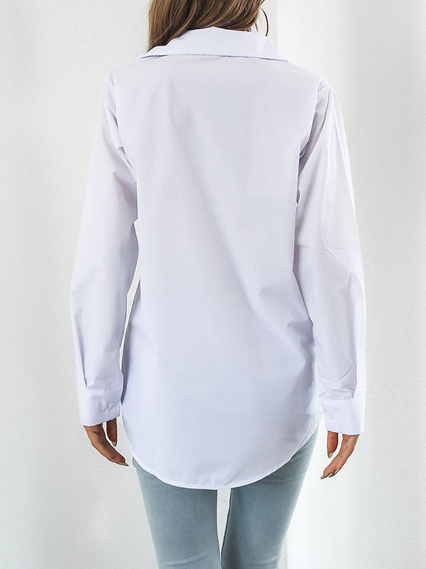 Long Sleeves Loose Color Split-joint Lapel Blouses