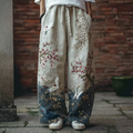 Japanese Art Retro Style Crane And Plant Flower Pattern Casual Long Pants elevenforest
