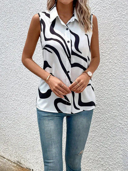 Loose Sleeveless Buttoned Printed Lapel Blouses&shirts Tops