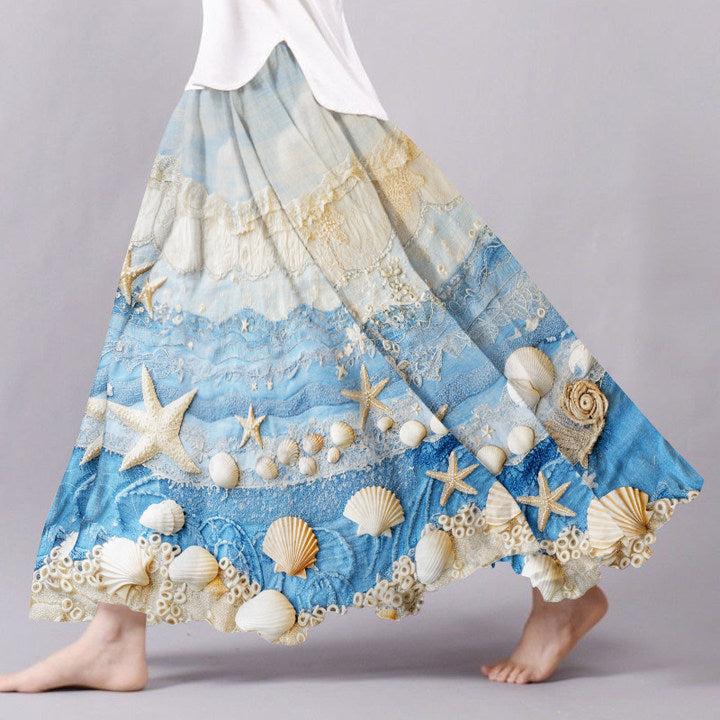 Vintage Starfish & Sea Shells Sea Waves Art Pattern Flowy Wide Skirt elevenforest
