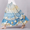 Vintage Starfish & Sea Shells Sea Waves Art Pattern Flowy Wide Skirt elevenforest