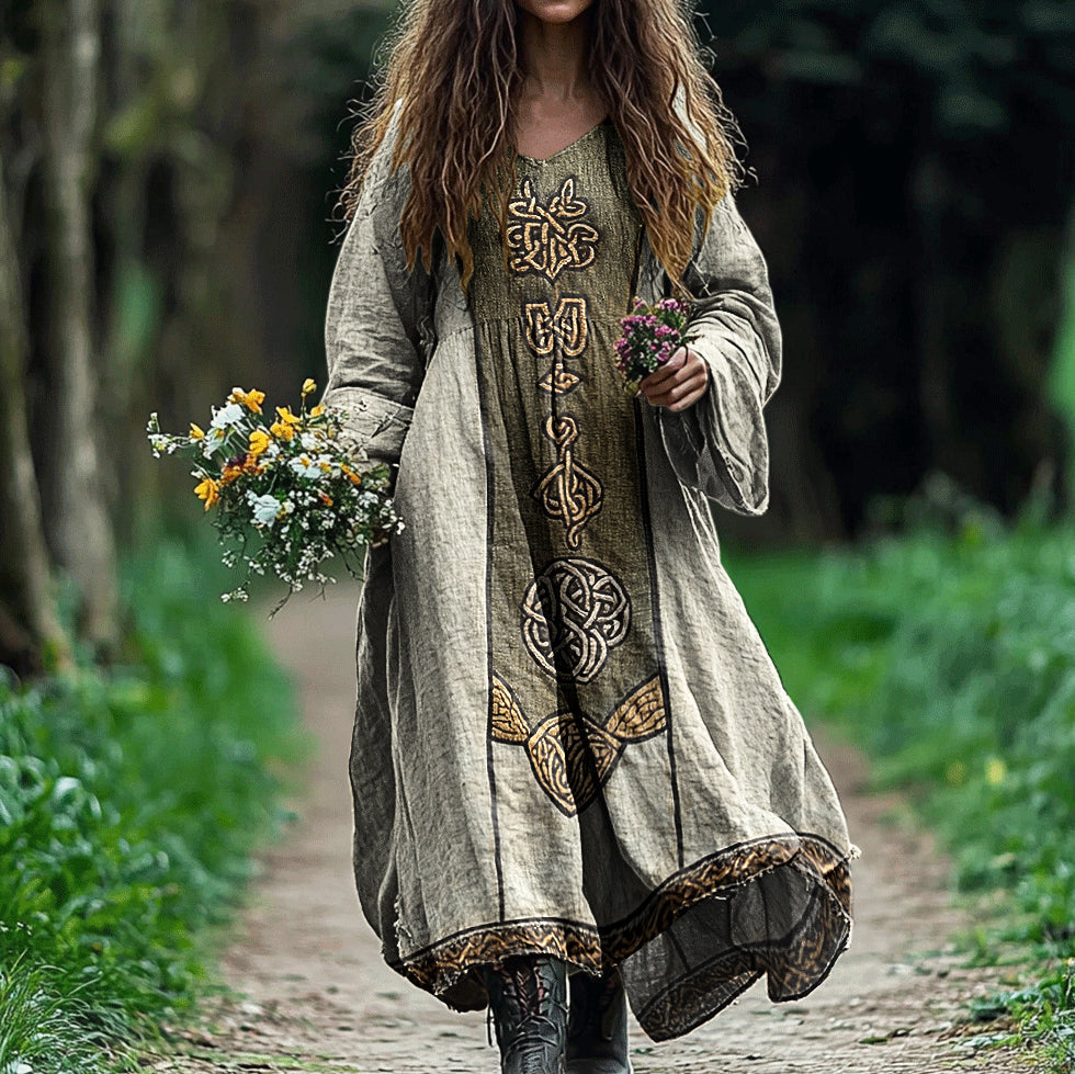 Women's Vintage Viking Rune Print Cotton And Linen Dress elevenforest