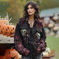 Rose And Skull Embroidered Gothic Rough-contrast Denim Jacket elevenforest