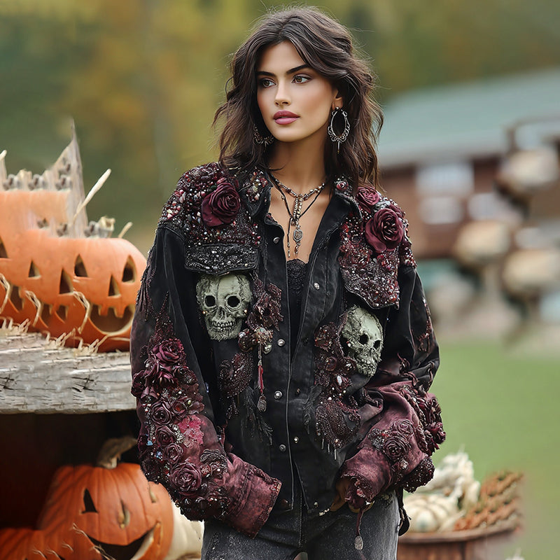 Rose And Skull Embroidered Gothic Rough-contrast Denim Jacket elevenforest
