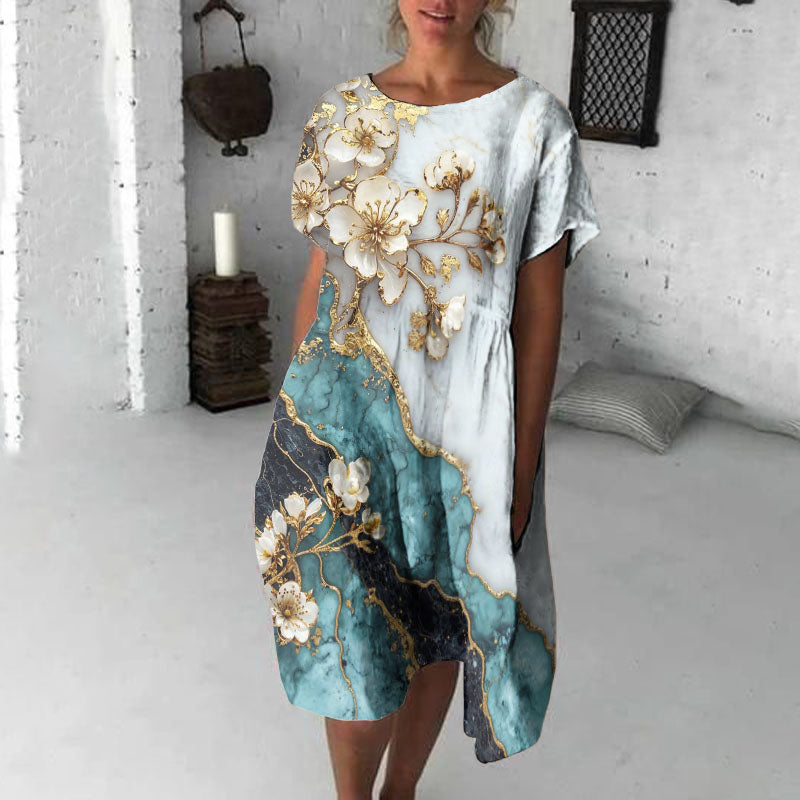 Vintage Marble Texture Collection Retro Bohemia Women Style Gradient Gilded With Floral Pattern Linen Maxi Dress elevenforest
