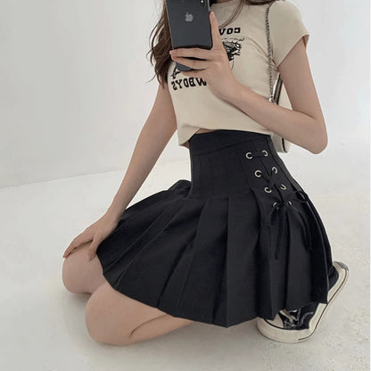 White Lace Up Pleated Skirts Summer Clothing Zipper Dancing Jk Mini Skirts Black Student A-line Skirt