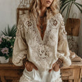 Women's Vintage Floral Lace Embroidered Art Comfy V Neck T-shirt elevenforest