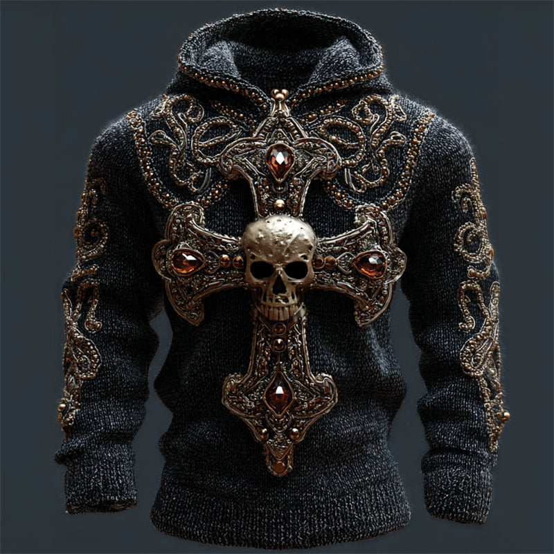 Men's Skull Cross Jewel Art Celtic Cozy Chunky Hooded Sweater artswardrobe
