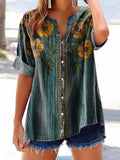 Women's Vintage Floral Pattern Art Print Casual Cotton Linen Shirt