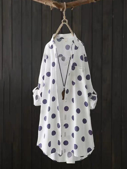 High-low Long Sleeves Polka-dot Lapel Shirts Tops