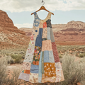 Vintage  Loose Floral Applique Patchwork Art Pattern Art Linen Tank Dress elevenforest