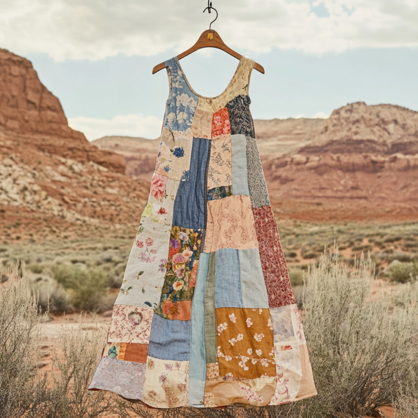 Vintage  Loose Floral Applique Patchwork Art Pattern Art Linen Tank Dress elevenforest