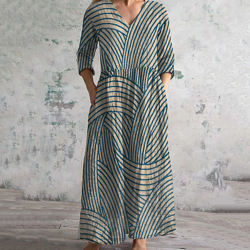 Vintage Irregular Blue Lines Contrast Colors Art Pattern Women's Linen Dress elevenforest