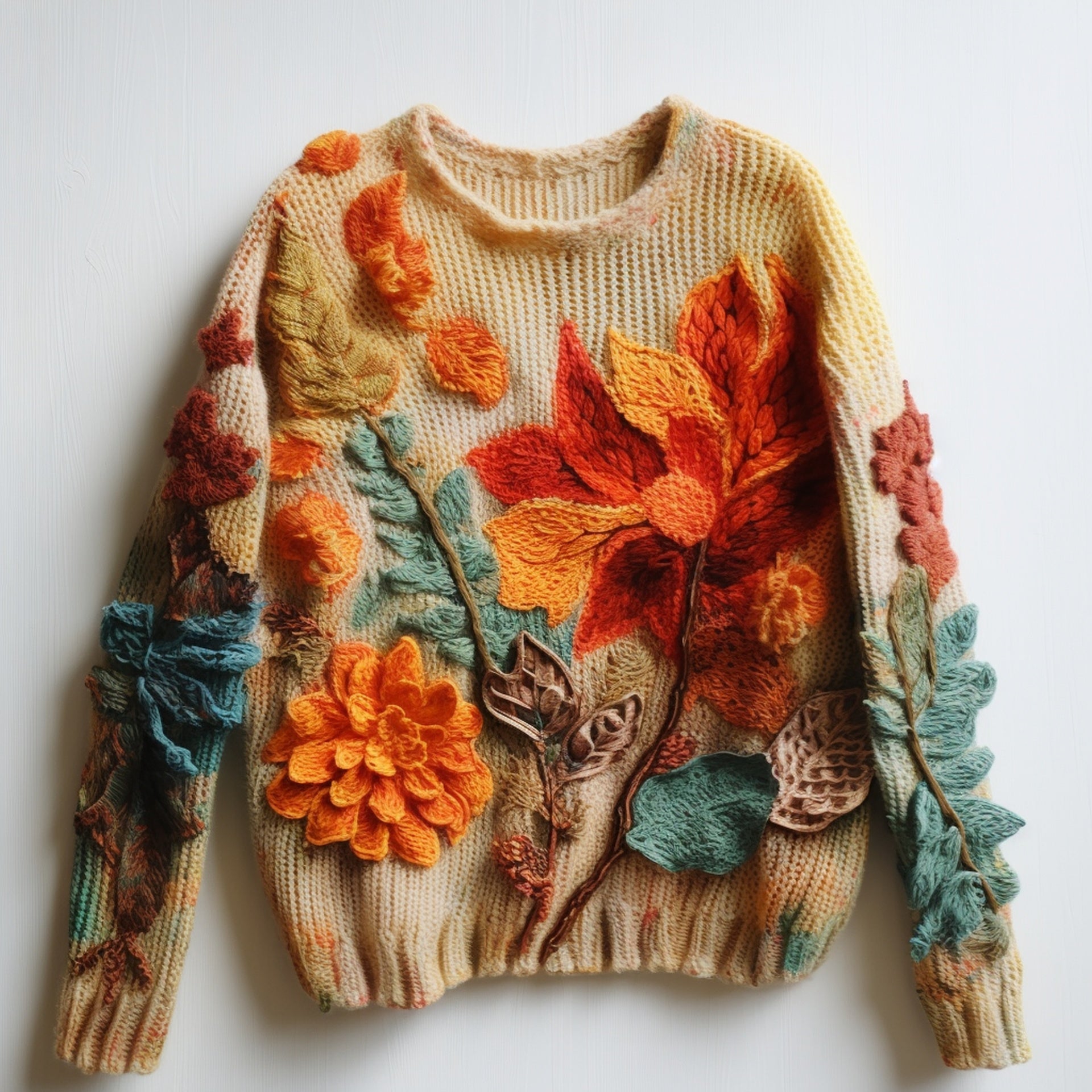 Fall Flower Leaves Autumn Art Print Knitted Pullover Sweater artswardrobe