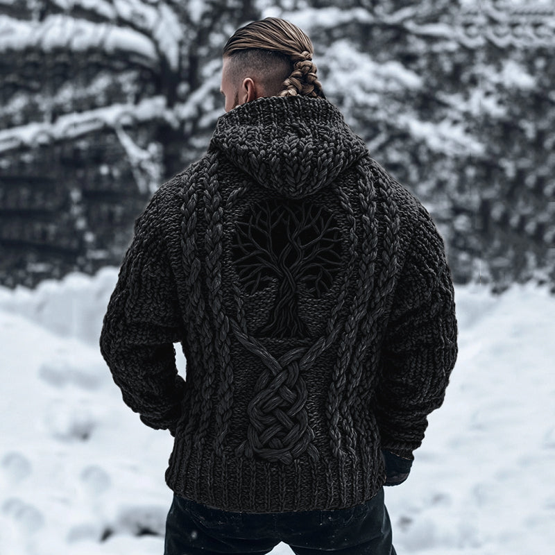 Men's Viking Tribal Tree Of Life Celtic Chunky Knit Hooded Sweater elevenforest