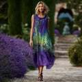 Women's Vintage Lupine Oil Painting Art Linen Sleeveless Dress elevenforest