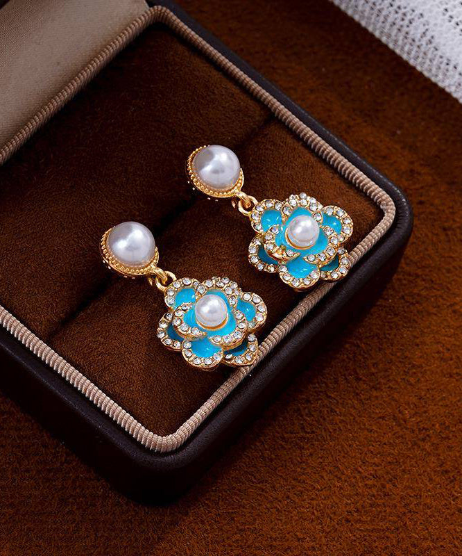 Chinese Style Blue Alloy Zircon Pearl Turquoise Camellia Flower Drop Earrings