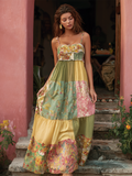 Bohemian Style Plant Flower Pattern Multi-color Women Cotton And Linen Strap Long Dress elevenforest