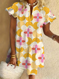 Yellow Geometric Floral Ruffled Short-sleeved V-neck Buttoned Dress Vacation Beach Dress