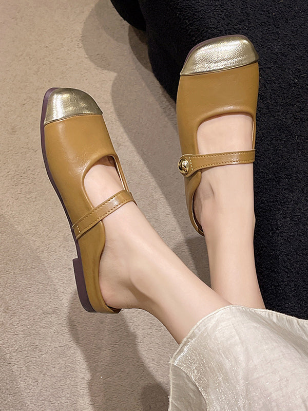 Contrast Color Shallow Cut Split-joint Square-toe Flats Mary Janes Slippers&mules