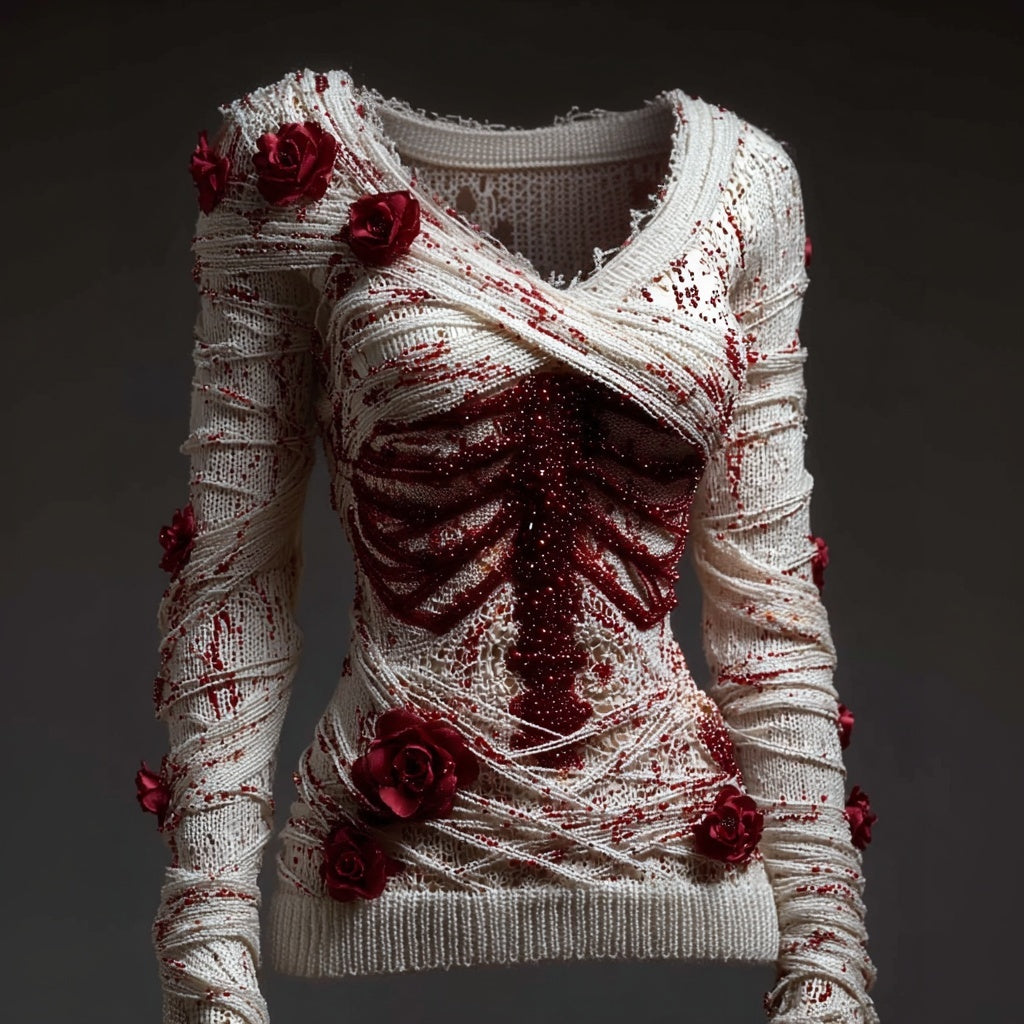 Comstylish Elegant Skeleton Bloody Roses Bandages V Neck Sweater