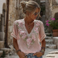 Women's Vintage Resort Embroidered Floral V-neck T-shirt elevenforest