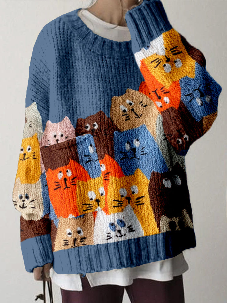 Comstylish Cute Fuzzy Crowded Cats Art Big Pocket Cozy Sweater