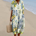 Comstylish Almafi Lemon Flower And Bird Pattern Short Sleeve Midi Dress