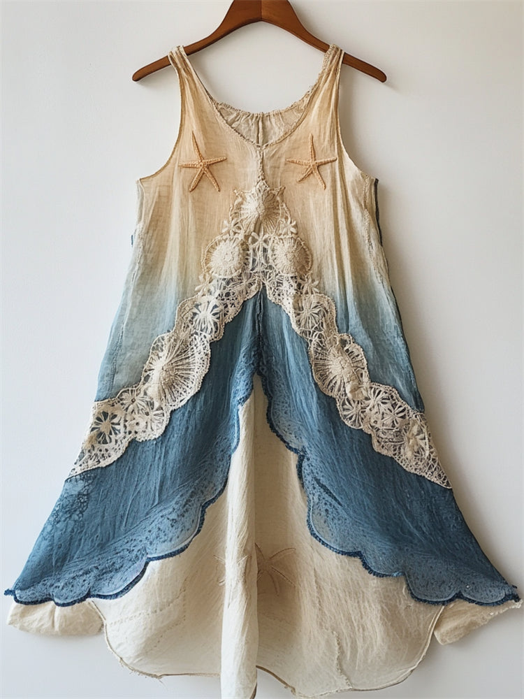 Starfish Embroidered  Sea Shell Lace Waves Gradient Flowy Linen Dress elevenforest