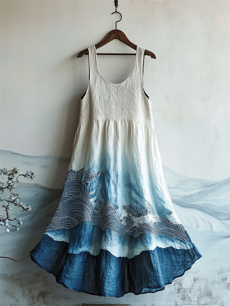 Japanese Sea Waves Art Lace Patchwork Flowy Linen Dress elevenforest