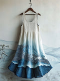 Japanese Sea Waves Art Lace Patchwork Flowy Linen Dress elevenforest