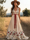 Western Girl Floral Embroidery Women's Linen Vest Dress elevenforest