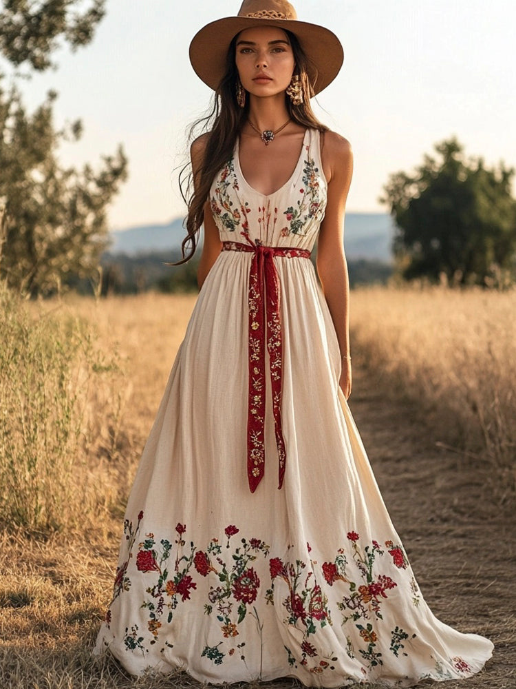 Western Girl Floral Embroidery Women's Linen Vest Dress elevenforest