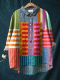 Comstylish Women’s Colorful Patchwork Striped Cotton Linen Blouse