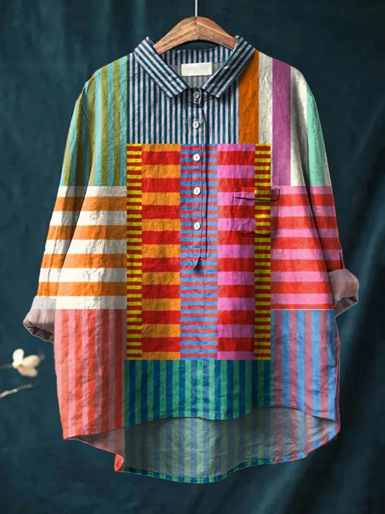 Women’s Colorful Patchwork Striped Cotton Linen Blouse elevenforest