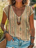 Vintage Ethnic Floral Art Print 100%Cotton V-neck T-Shirt